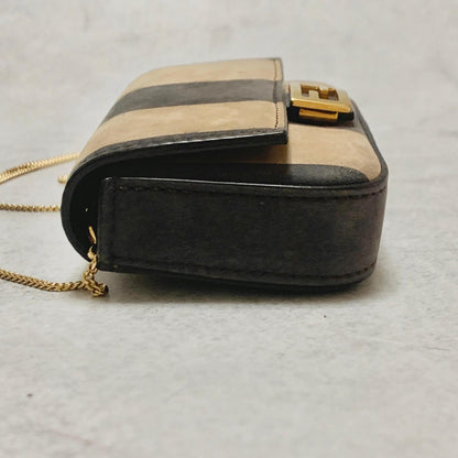 FENDI Nano Baguette Chain Bag Shoulder Pouch Purse FF Beige Gold Usesd Authentic