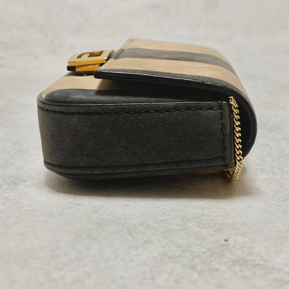 FENDI Nano Baguette Chain Bag Shoulder Pouch Purse FF Beige Gold Usesd Authentic