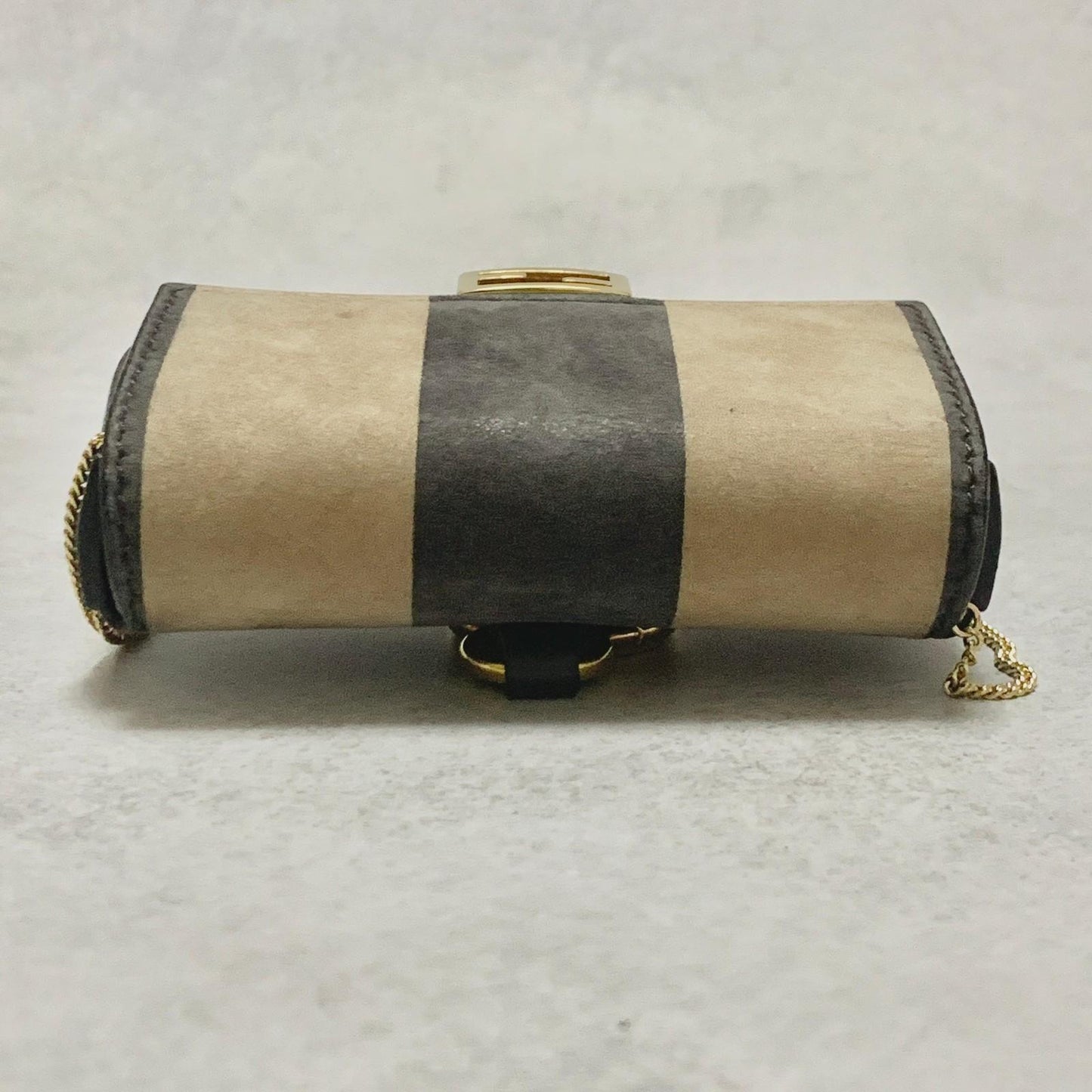 FENDI Nano Baguette Chain Bag Shoulder Pouch Purse FF Beige Gold Usesd Authentic