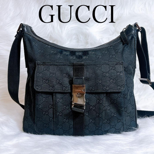 GUCCI Shoulder Bag Purse GG Canvas Leather Navy Authentic