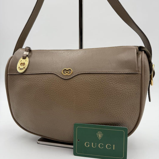 GUCCI Shoulder Bag Purse Interlocking Leather Beige Greige Authentic