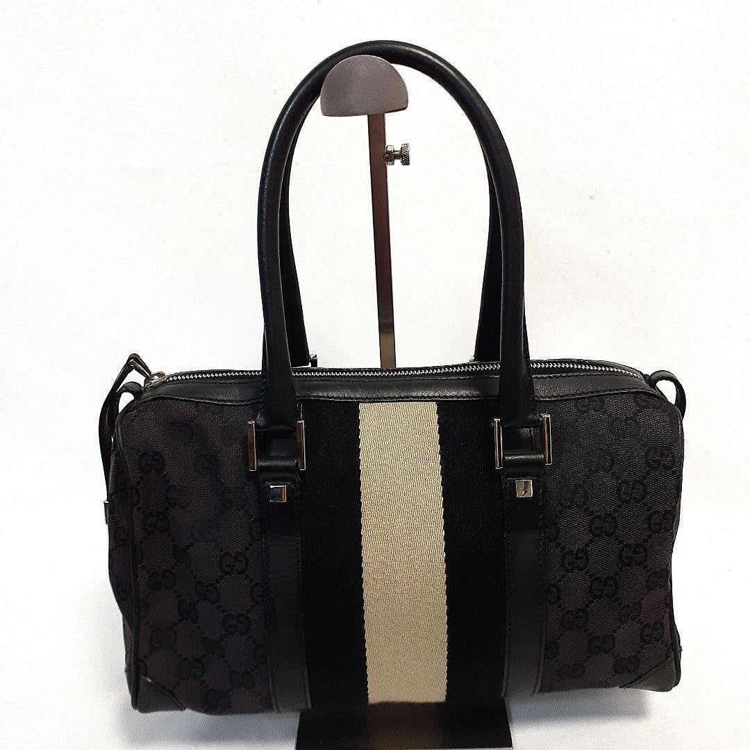 GUCCI Mini Boston Bag Hand Tote Purse GG Canvas Leather Black Authentic