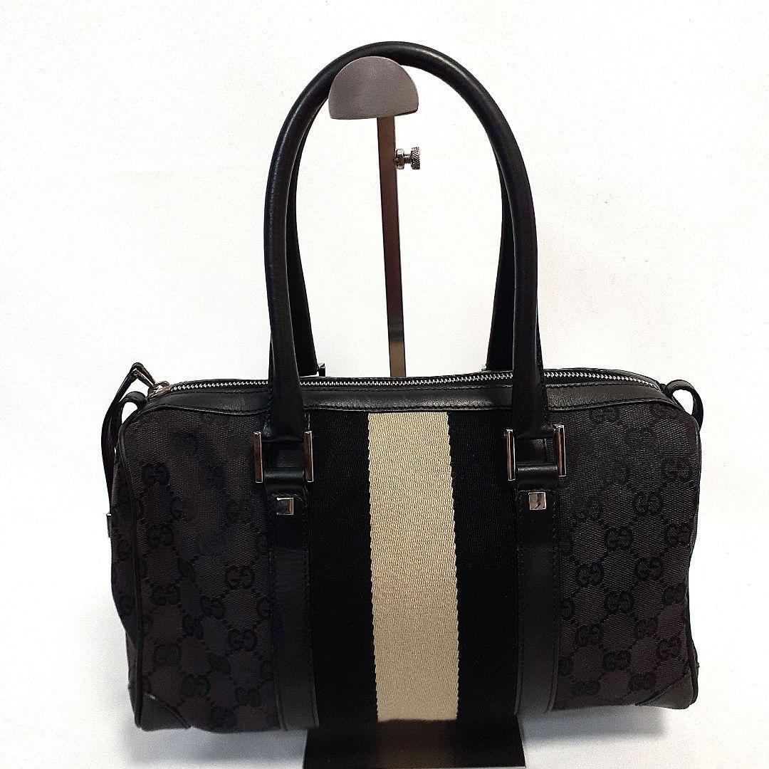 GUCCI Mini Boston Bag Hand Tote Purse GG Canvas Leather Black Authentic