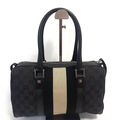 GUCCI Mini Boston Bag Hand Tote Purse GG Canvas Leather Black Authentic