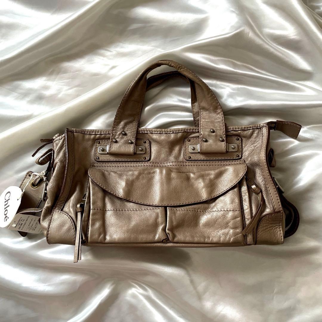 Chloe Hand Bag Tote Purse Tracy Leather Beige Gold Authentic