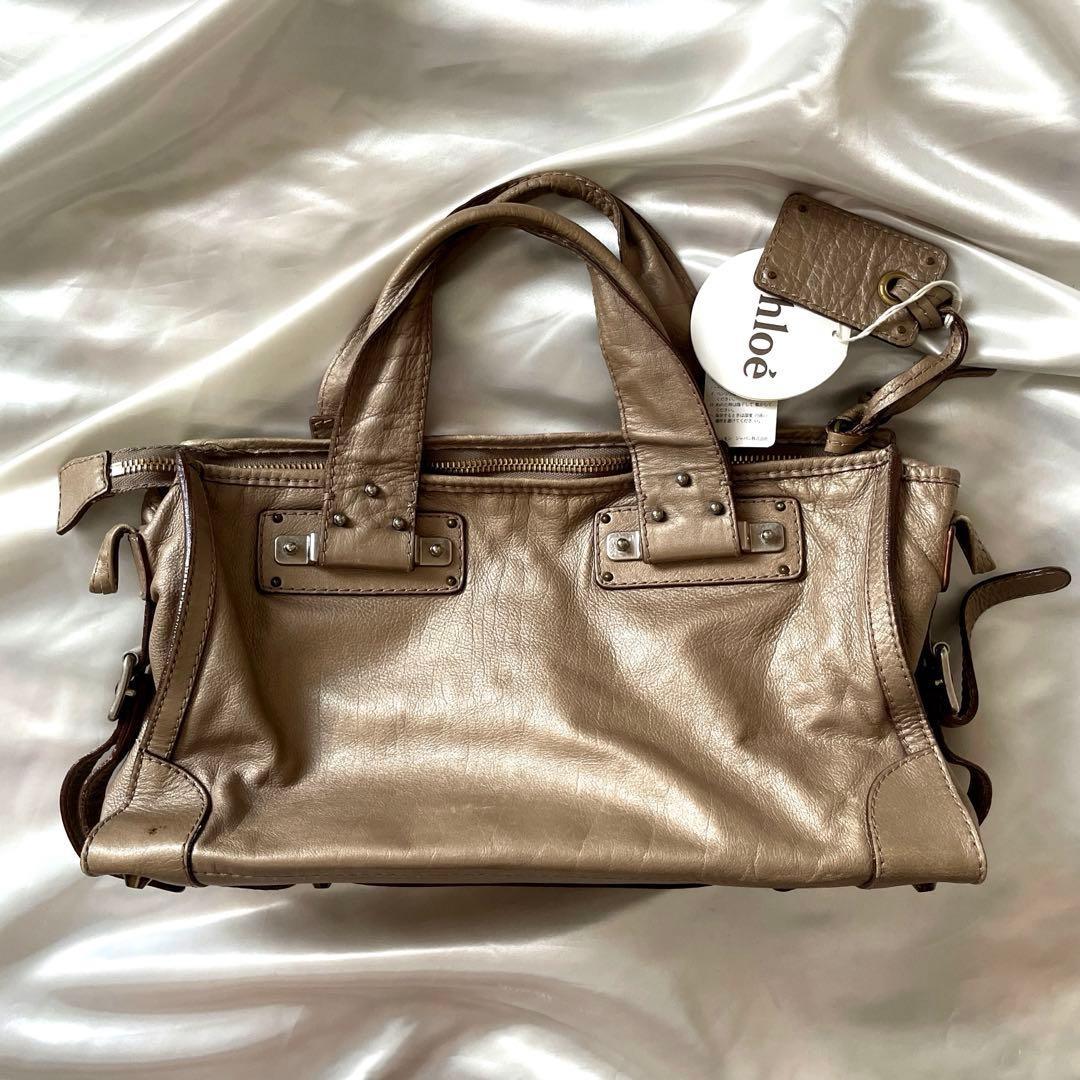 Chloe Hand Bag Tote Purse Tracy Leather Beige Gold Authentic