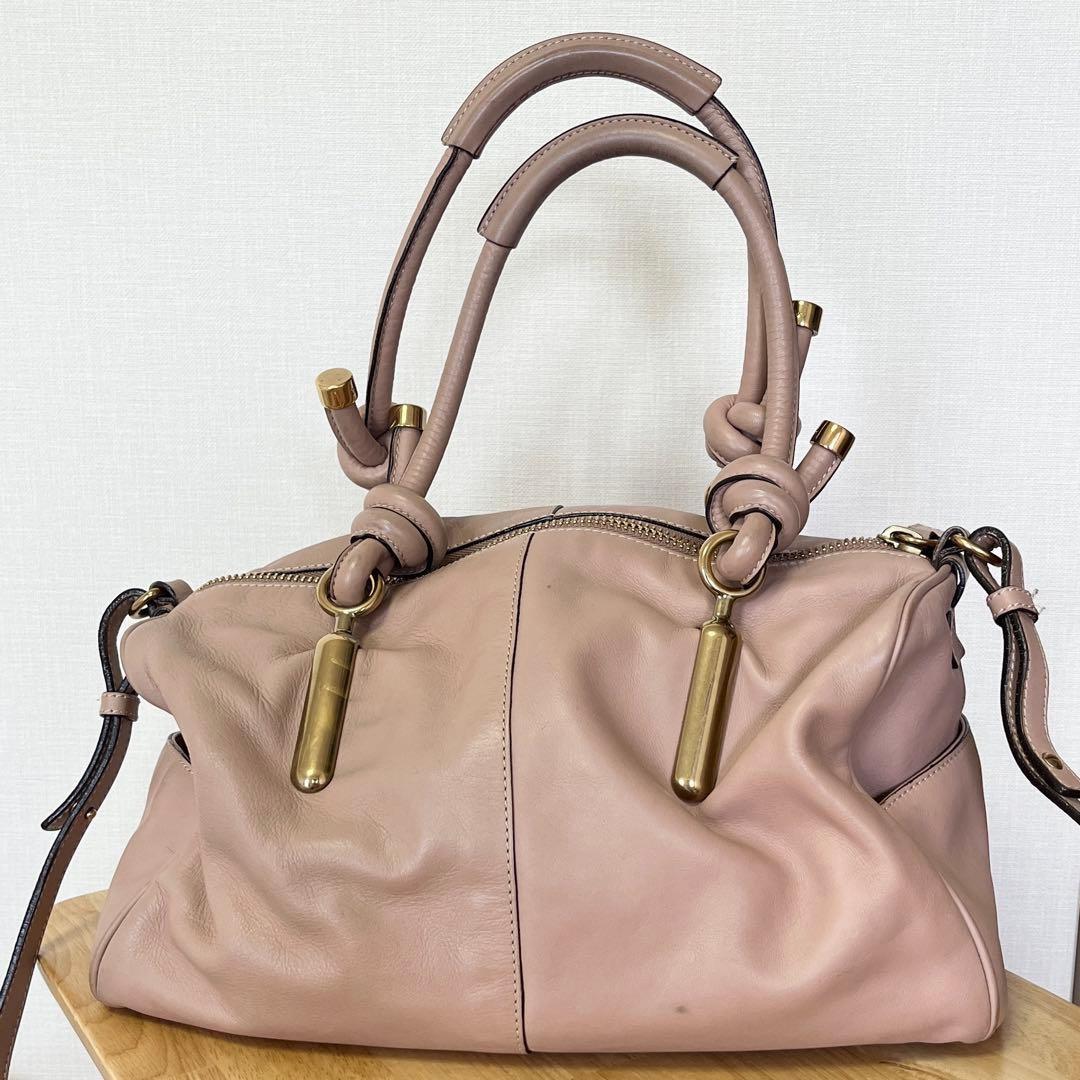 Chloe Hand Shoulder Bag Tote Purse Leather Pink Beige Authentic