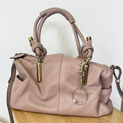Chloe Hand Shoulder Bag Tote Purse Leather Pink Beige Authentic
