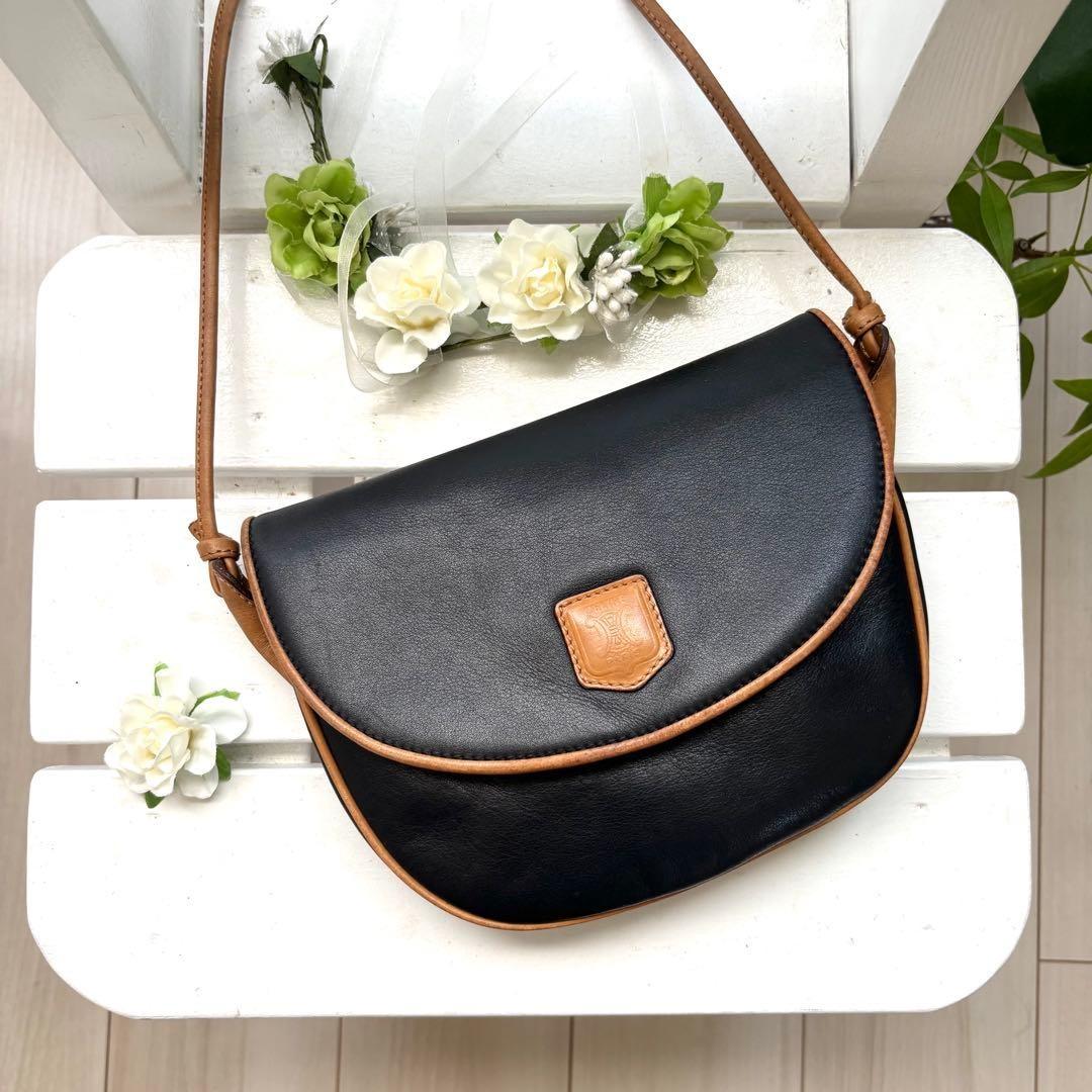 CELINE Shoulder Bag Purse Macadam Leather Black Brown Authentic