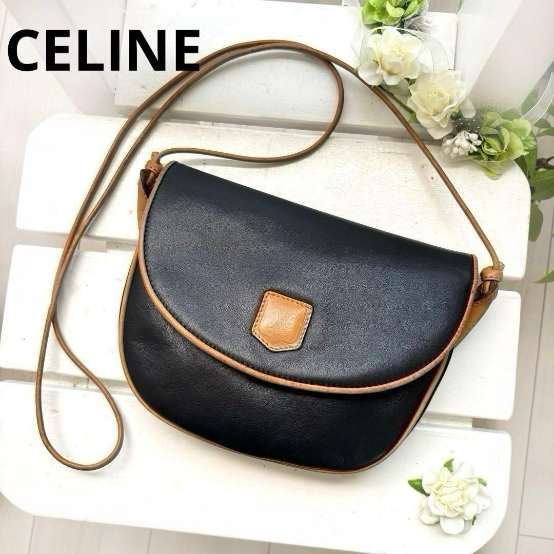 CELINE Shoulder Bag Purse Macadam Leather Black Brown Authentic