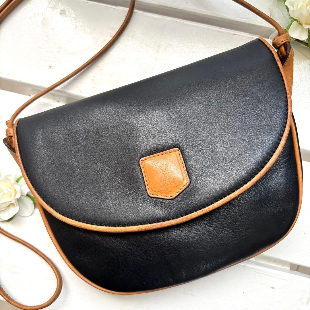 CELINE Shoulder Bag Purse Macadam Leather Black Brown Authentic