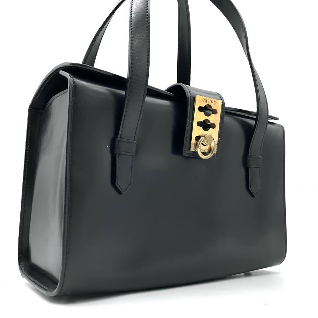 CELINE Hand Bag Tote Purse Gancini Leather Black Authentic