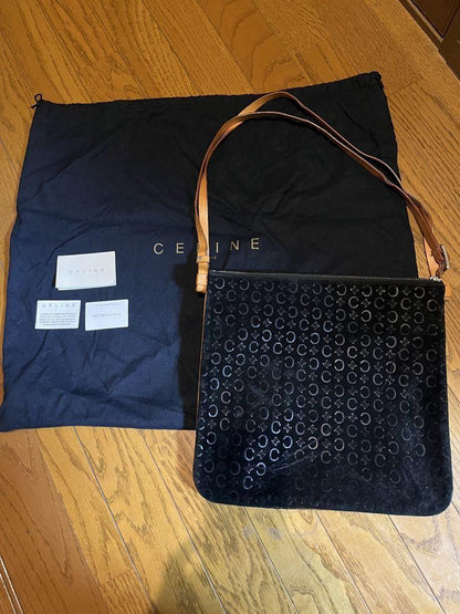 CELINE Shoulder Bag Purse C Macadam Suede Black Authentic