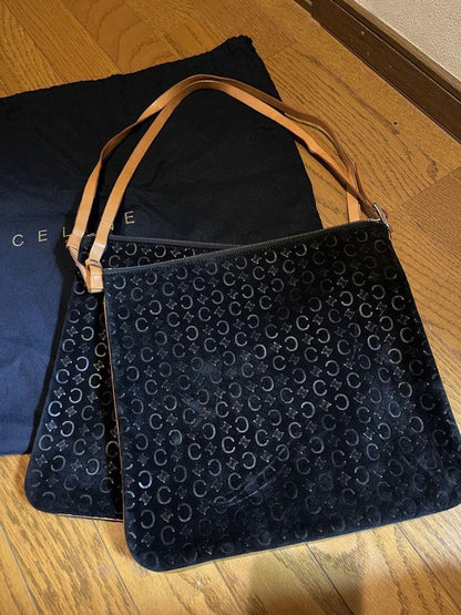 CELINE Shoulder Bag Purse C Macadam Suede Black Authentic