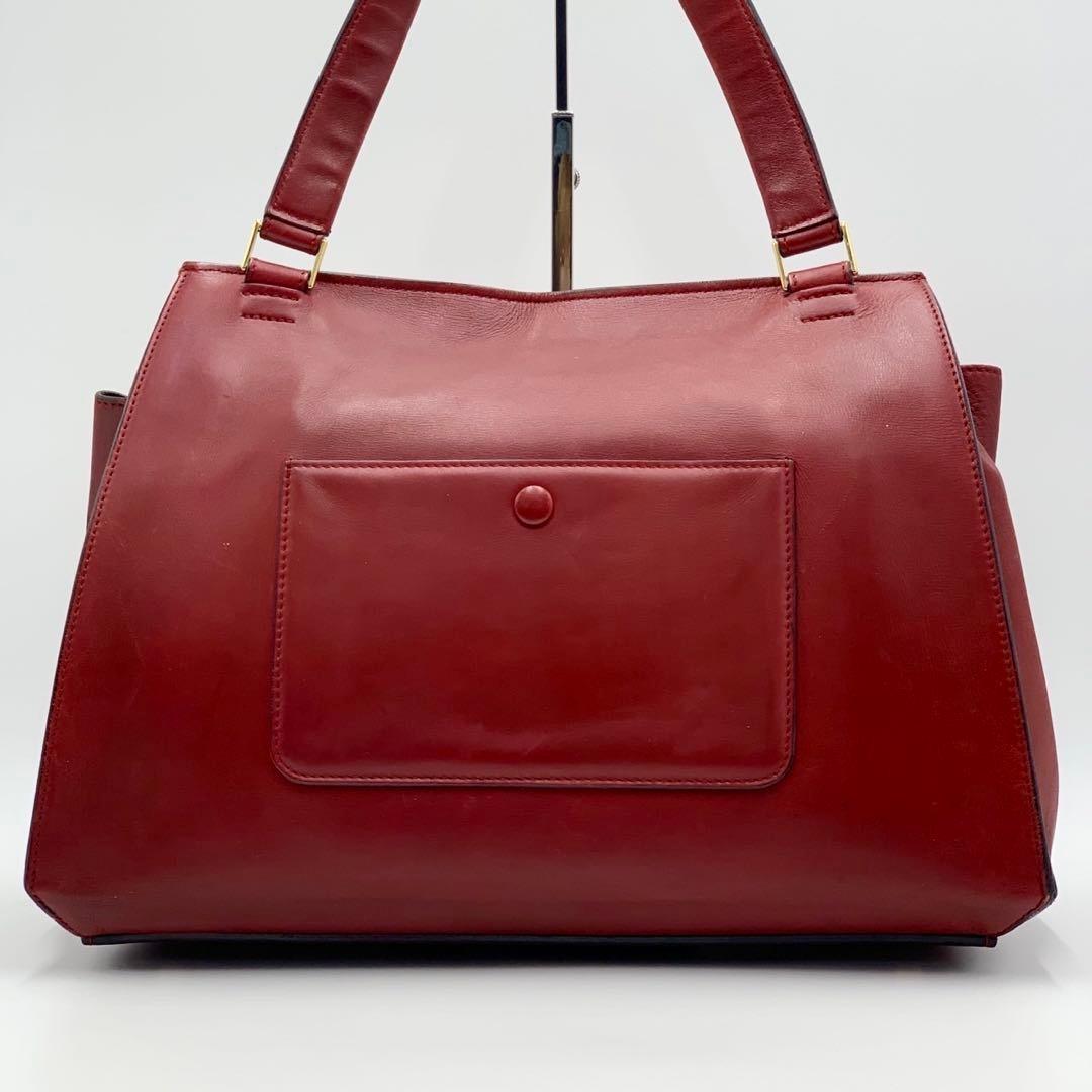CELINE Hand Bag Tote Purse Leather Red Authentic