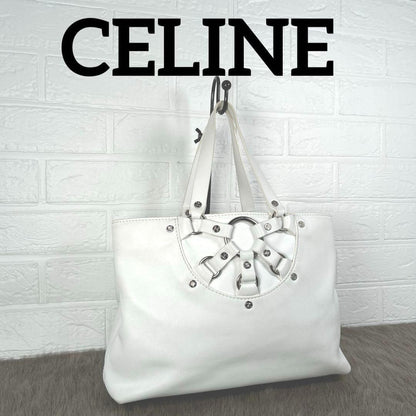 CELINE Hand Bag Tote Purse Leather White Authentic