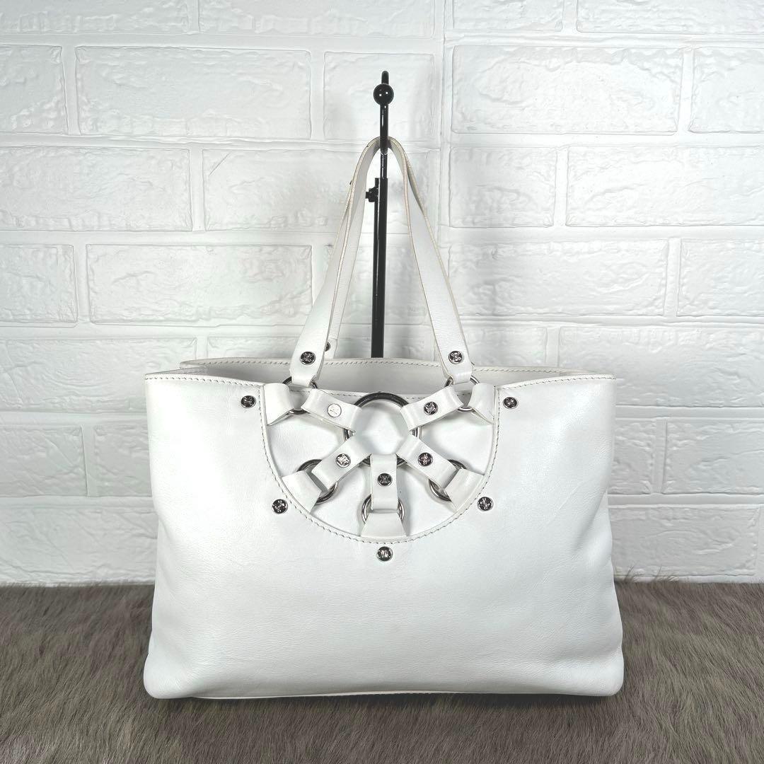 CELINE Hand Bag Tote Purse Leather White Authentic