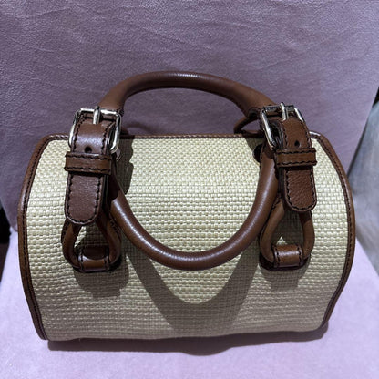 CELINE Hand Bag Tote Purse Straw Leather Beige Brown Authentic