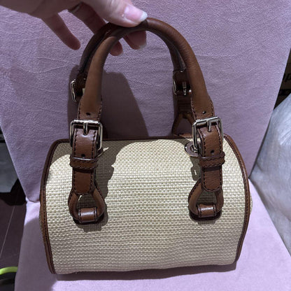 CELINE Hand Bag Tote Purse Straw Leather Beige Brown Authentic