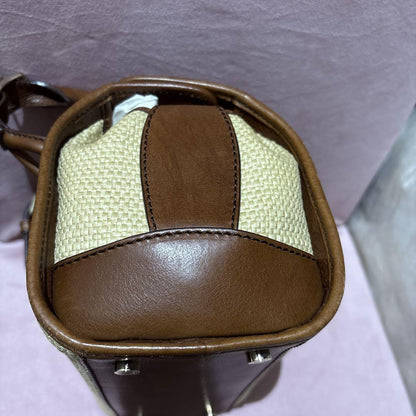 CELINE Hand Bag Tote Purse Straw Leather Beige Brown Authentic