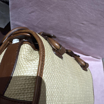 CELINE Hand Bag Tote Purse Straw Leather Beige Brown Authentic