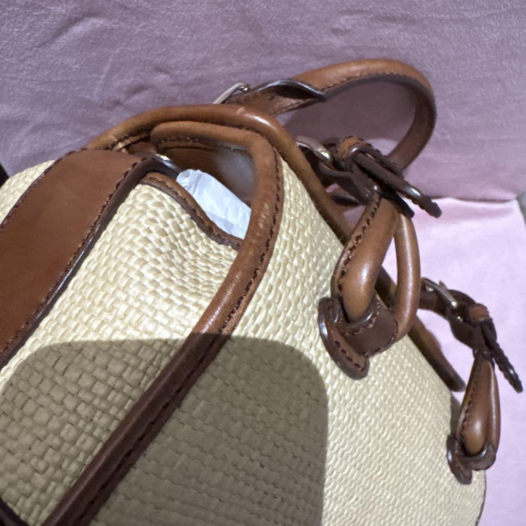 CELINE Hand Bag Tote Purse Straw Leather Beige Brown Authentic