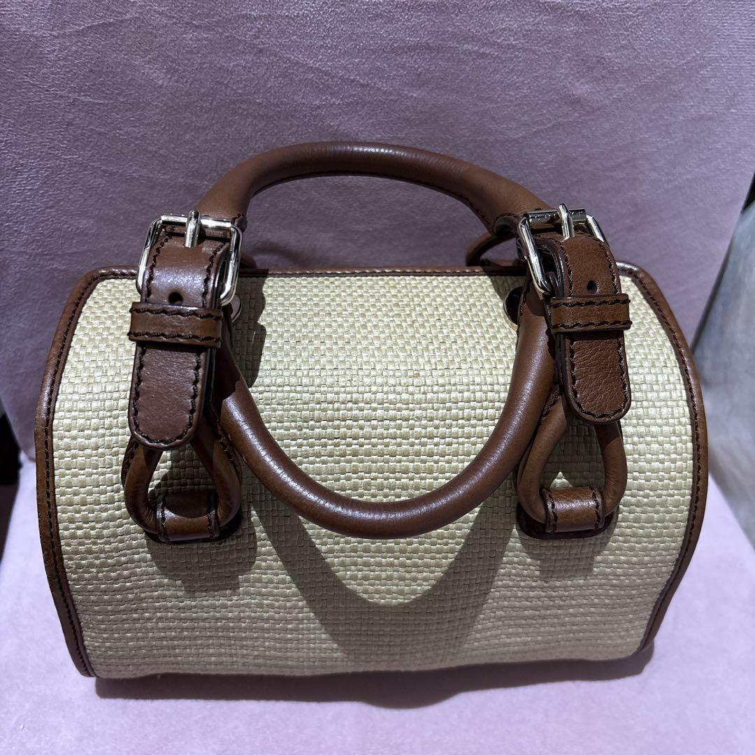 CELINE Hand Bag Tote Purse Straw Leather Beige Brown Authentic