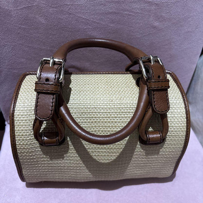 CELINE Hand Bag Tote Purse Straw Leather Beige Brown Authentic