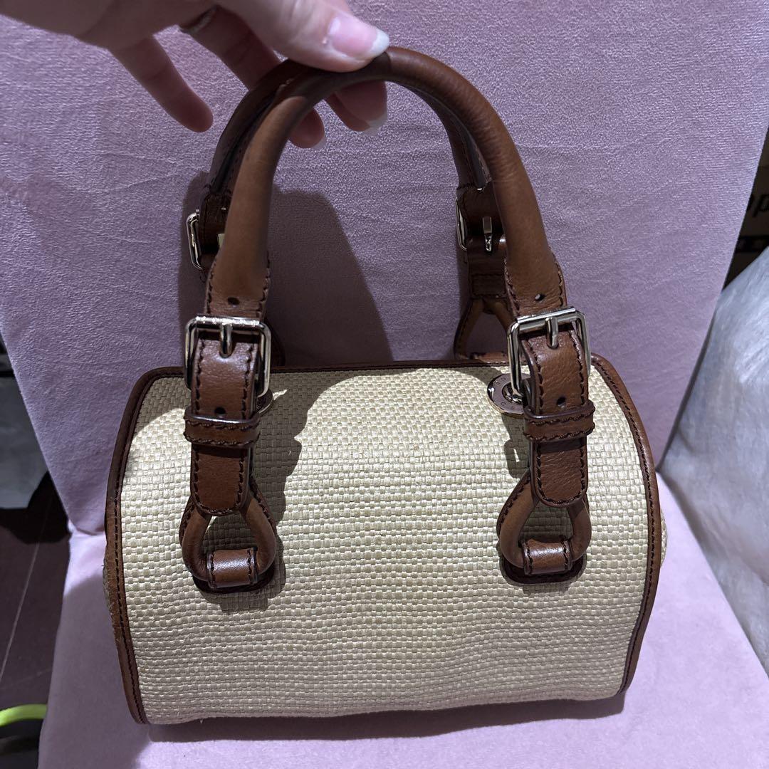 CELINE Hand Bag Tote Purse Straw Leather Beige Brown Authentic