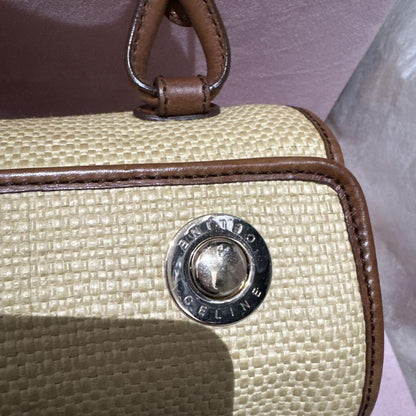 CELINE Hand Bag Tote Purse Straw Leather Beige Brown Authentic