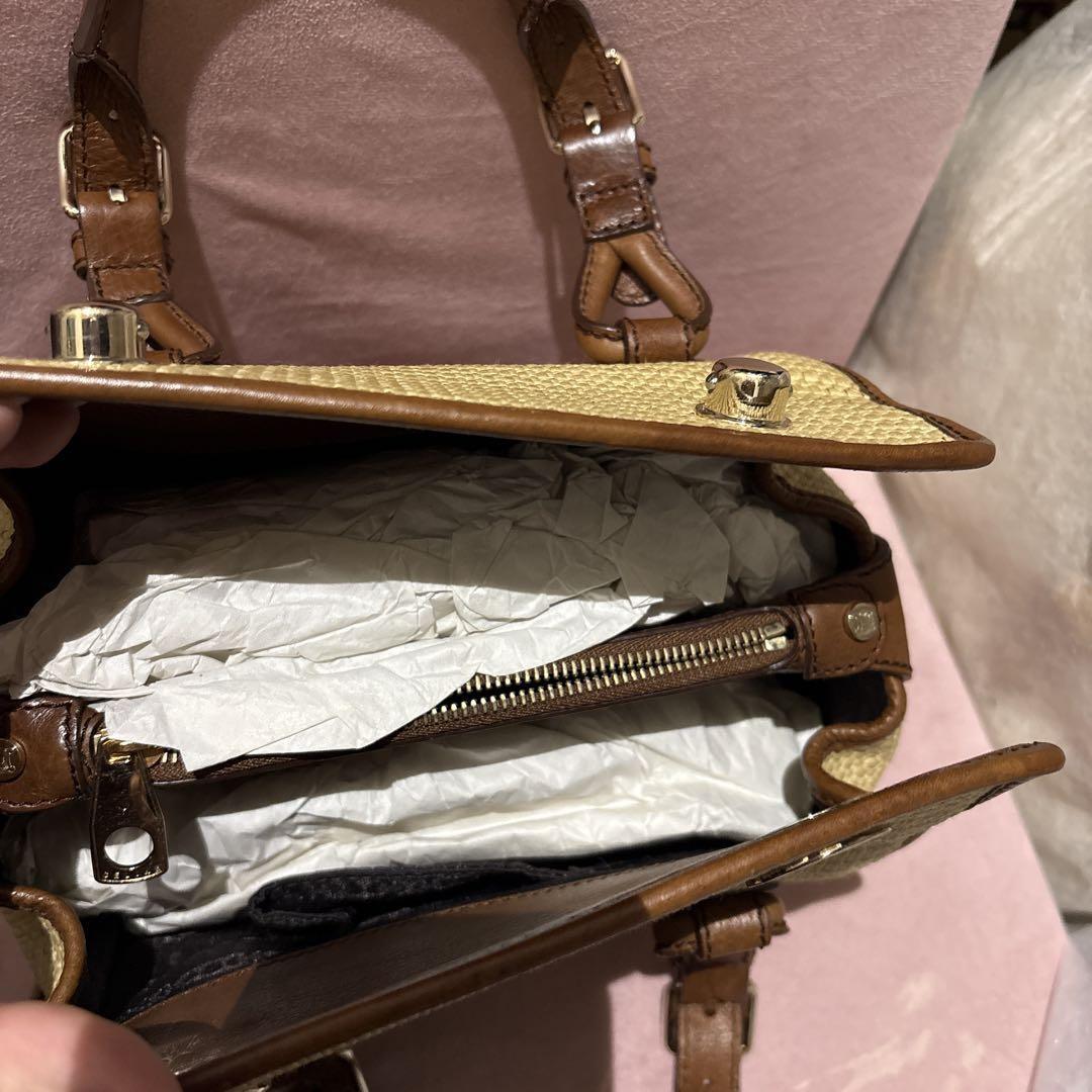 CELINE Hand Bag Tote Purse Straw Leather Beige Brown Authentic