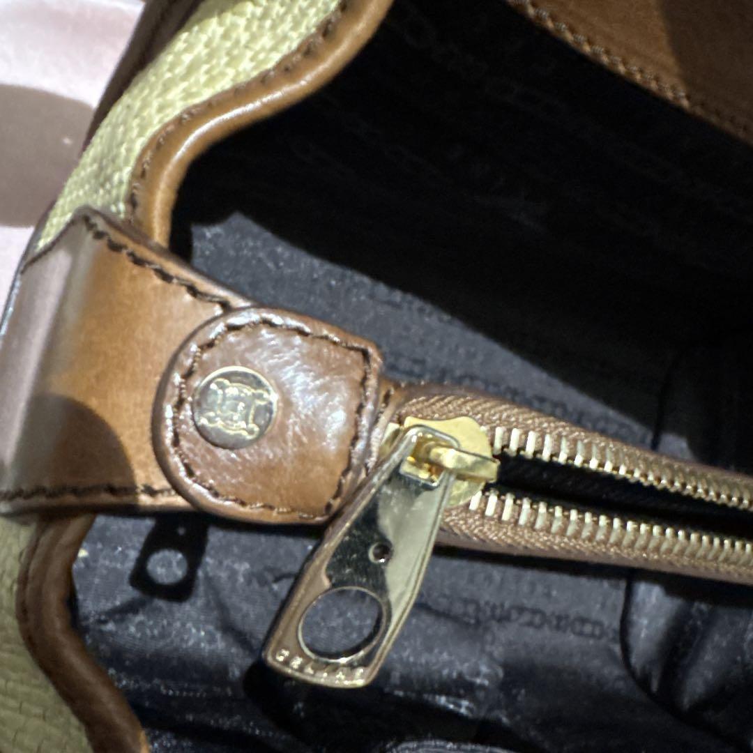 CELINE Hand Bag Tote Purse Straw Leather Beige Brown Authentic