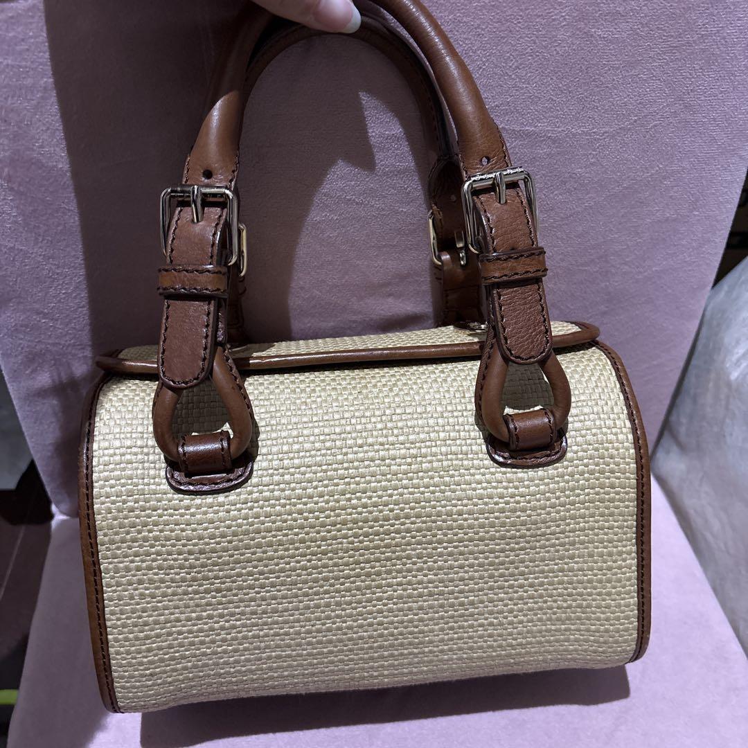 CELINE Hand Bag Tote Purse Straw Leather Beige Brown Authentic