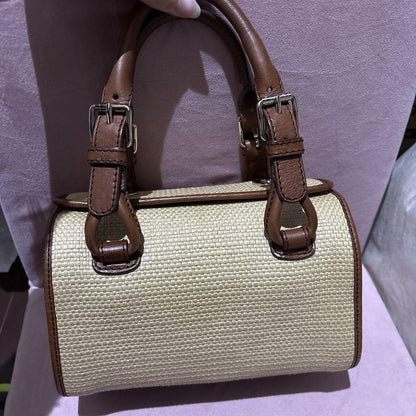 CELINE Hand Bag Tote Purse Straw Leather Beige Brown Authentic