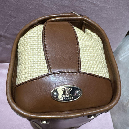 CELINE Hand Bag Tote Purse Straw Leather Beige Brown Authentic