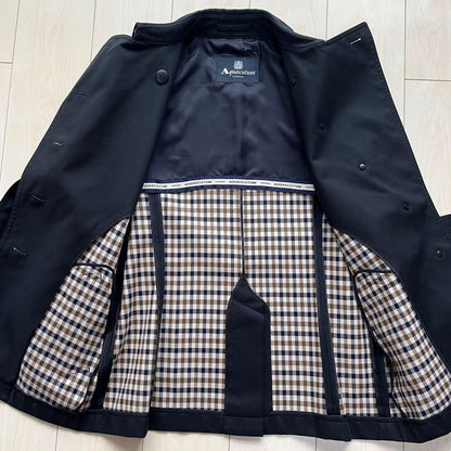 Aquascutum Trench Coat Club Check Asian fit M US size S Navy Authentic