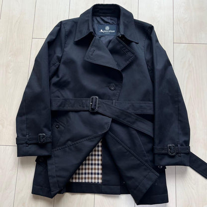 Aquascutum Trench Coat Club Check Asian fit M US size S Navy Authentic