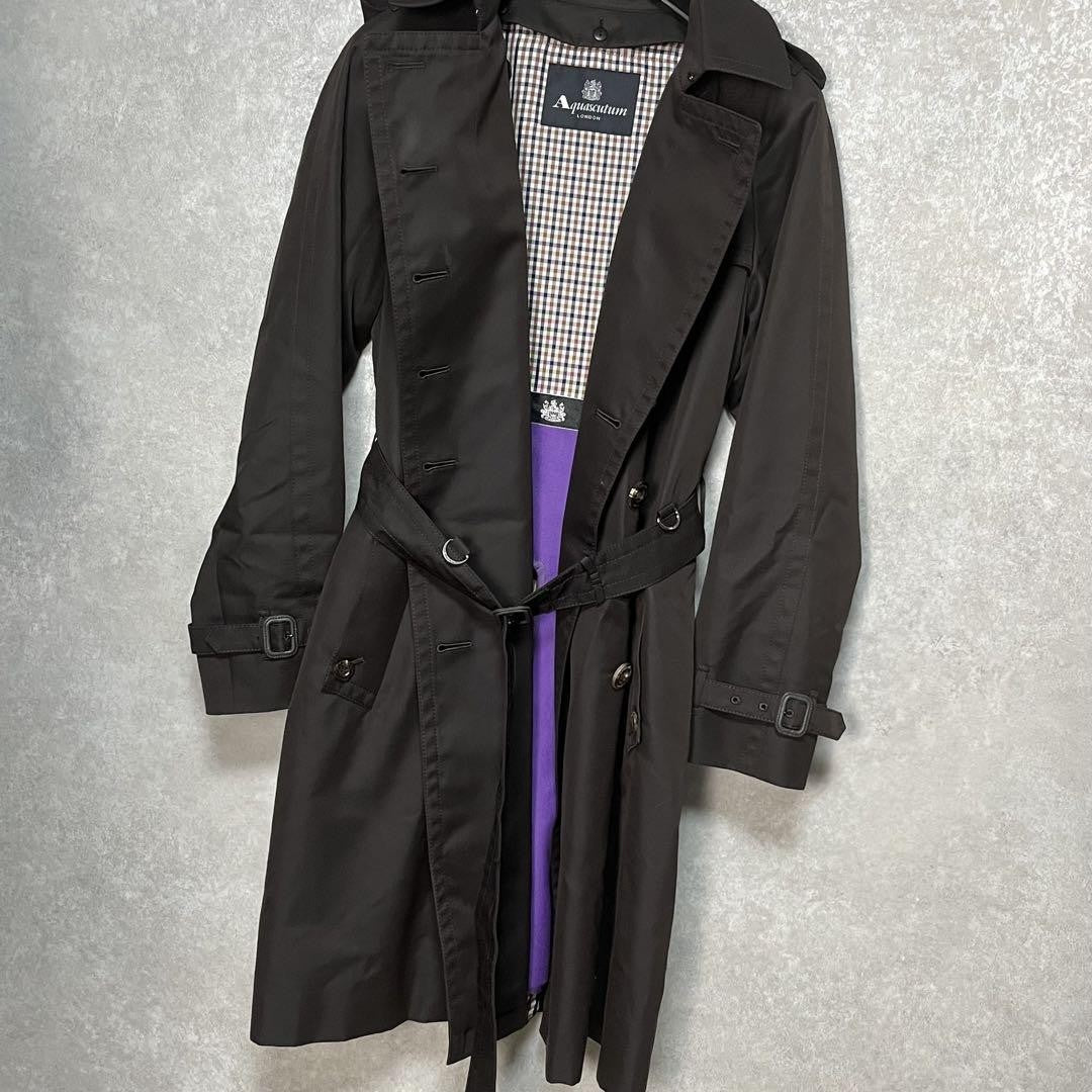Aquascutum Trench Coat Club Check Asian fit XL US size L Dark Brown Authentic