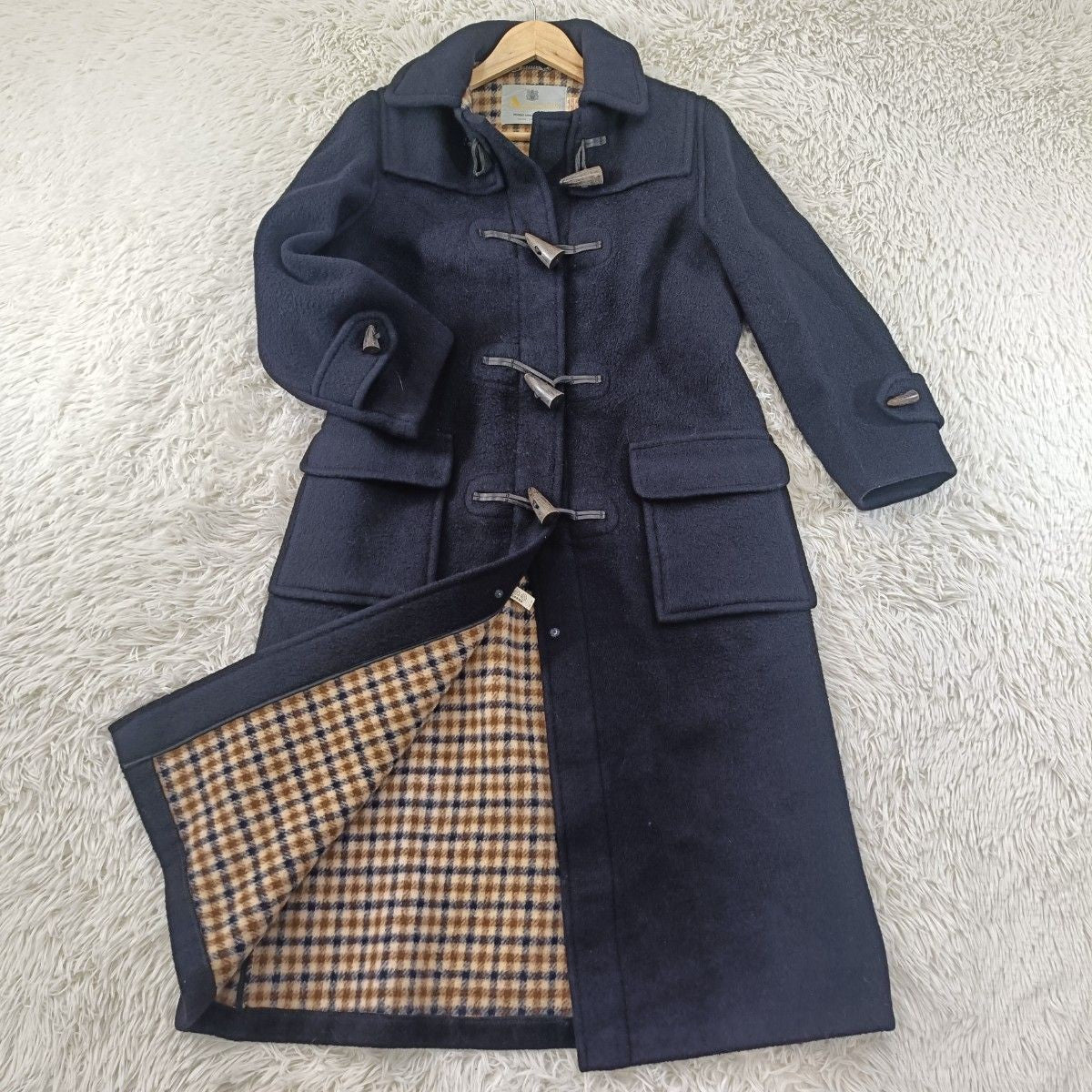 Aquascutum Long Coat Club Check Asian fit M US size S Navy Authentic