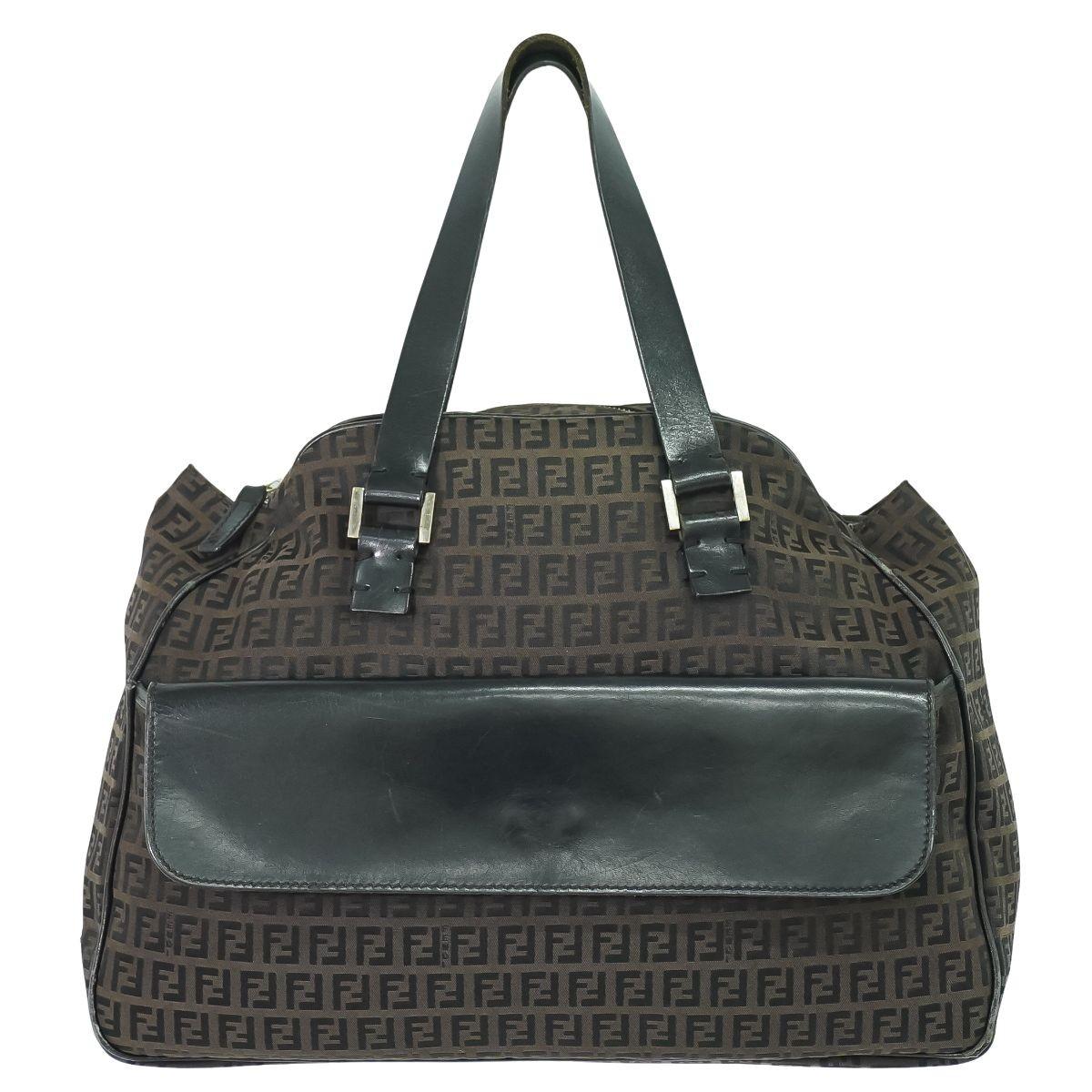 FENDI Hand Bag Tote Purse FF Zucchino Canvas Brown Authentic