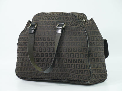 FENDI Hand Bag Tote Purse FF Zucchino Canvas Brown Authentic