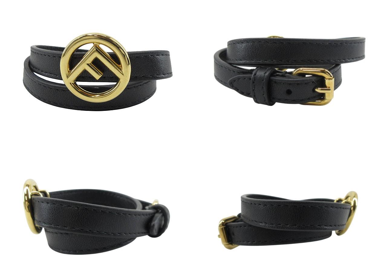 FENDI Bracelet Bangle Leather Gold Black Authentic