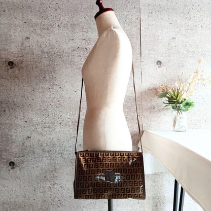 FENDI Shoulder Bag Purse FF Zucchino Brown Authentic