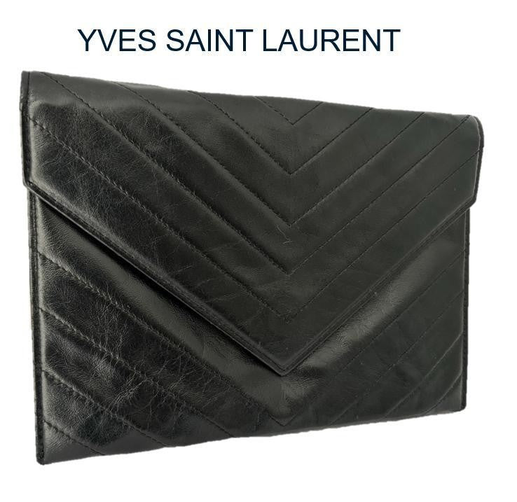 Saint Laurent Clutch Bag Second Bag V stitch Quilting Leather Black Authentic