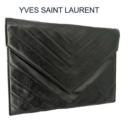 Saint Laurent Clutch Bag Second Bag V stitch Quilting Leather Black Authentic