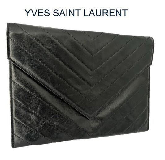 Saint Laurent Clutch Bag Second Bag V stitch Quilting Leather Black Authentic