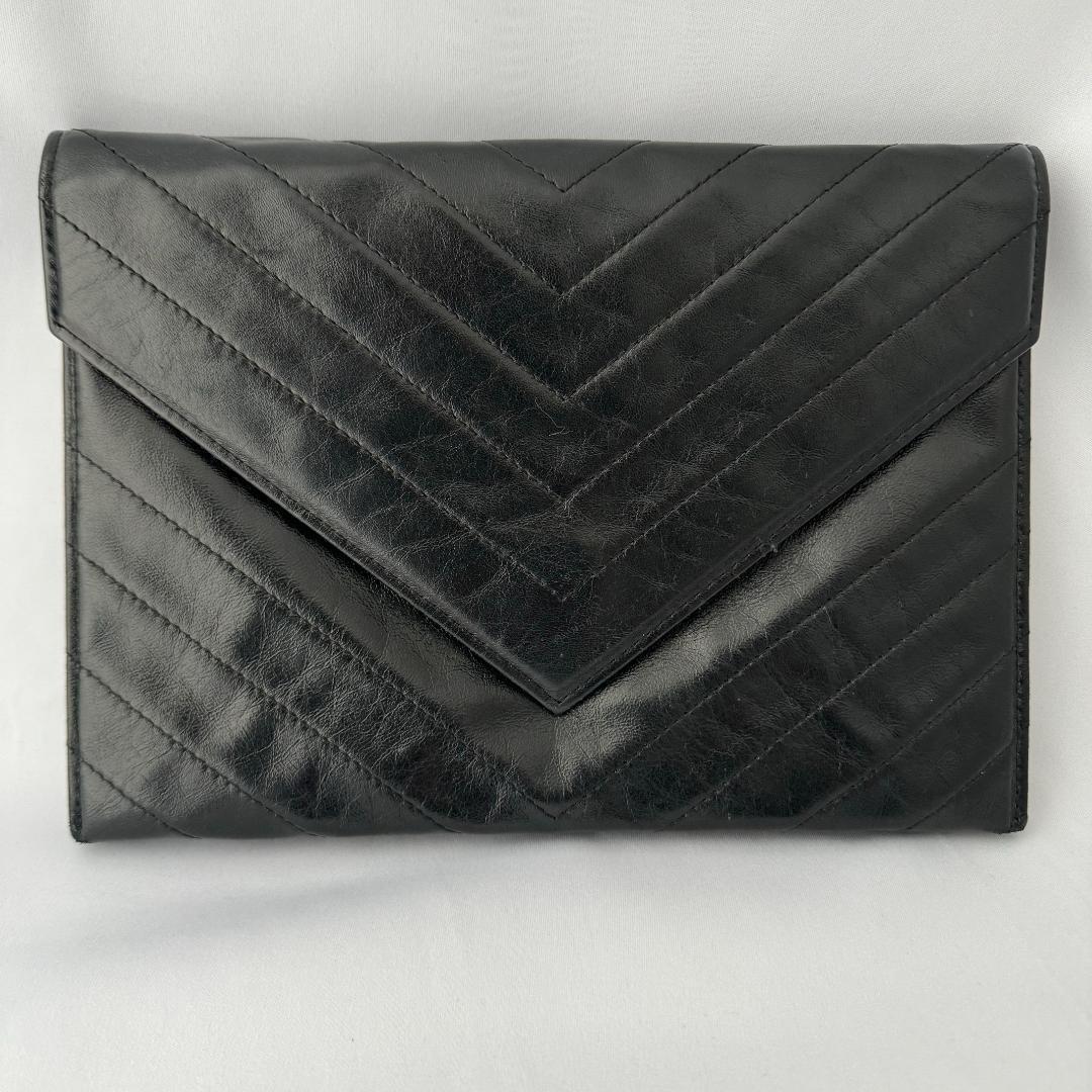 Saint Laurent Clutch Bag Second Bag V stitch Quilting Leather Black Authentic