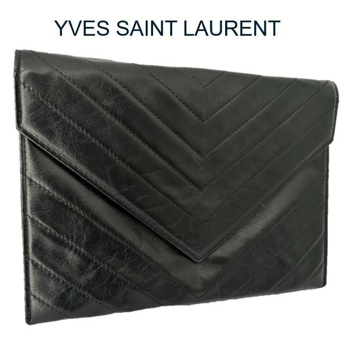 Saint Laurent Clutch Bag Second Bag V stitch Quilting Leather Black Authentic