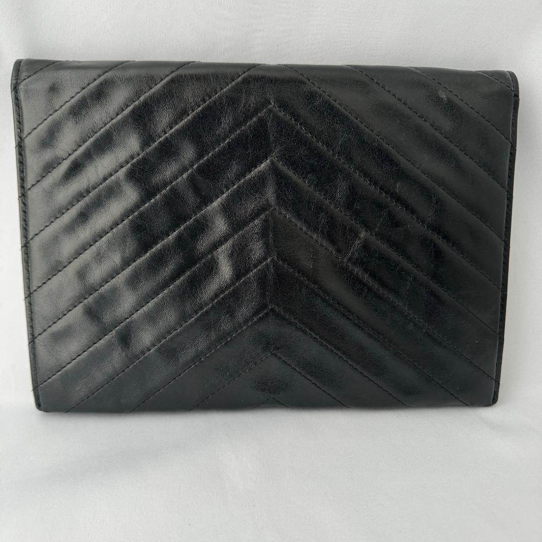 Saint Laurent Clutch Bag Second Bag V stitch Quilting Leather Black Authentic