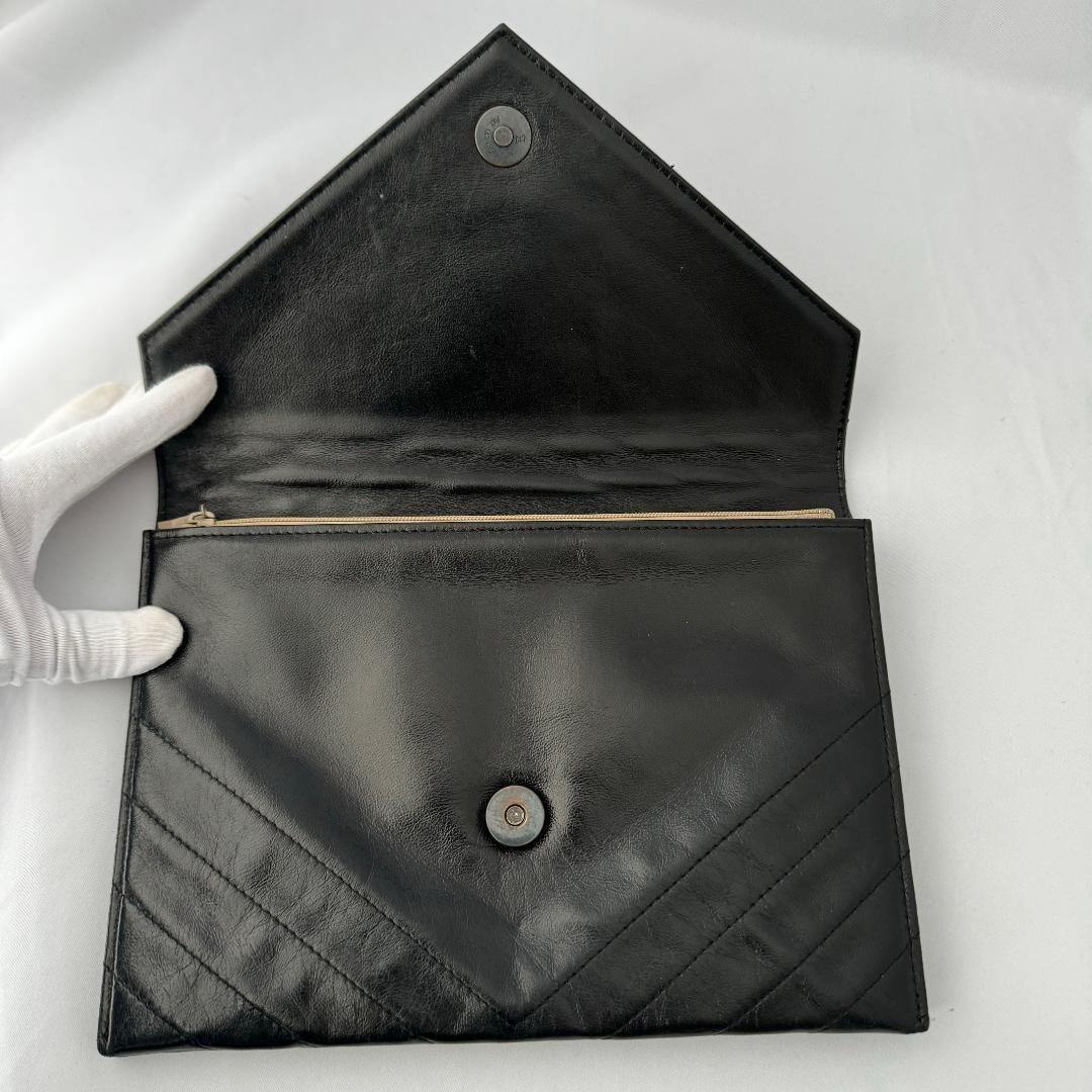 Saint Laurent Clutch Bag Second Bag V stitch Quilting Leather Black Authentic